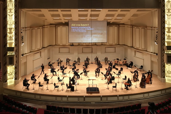 Physicall distanced musicians tuning up at Powell Hall